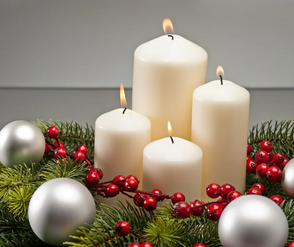 Three candles in the middle of a wreath.